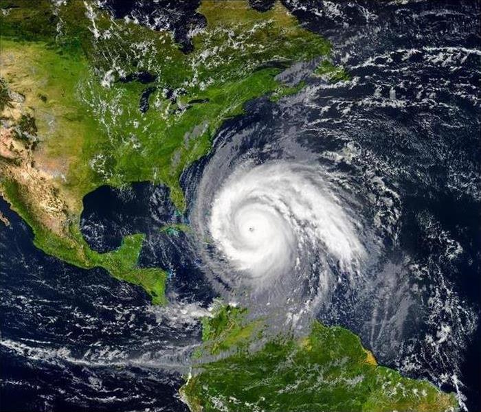 A satellite view of a hurricane off the eastern U.S. coast